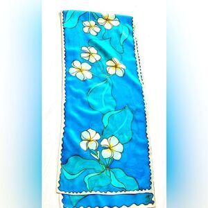 Vintage hand painted tropical floral turquoise white silk scarf